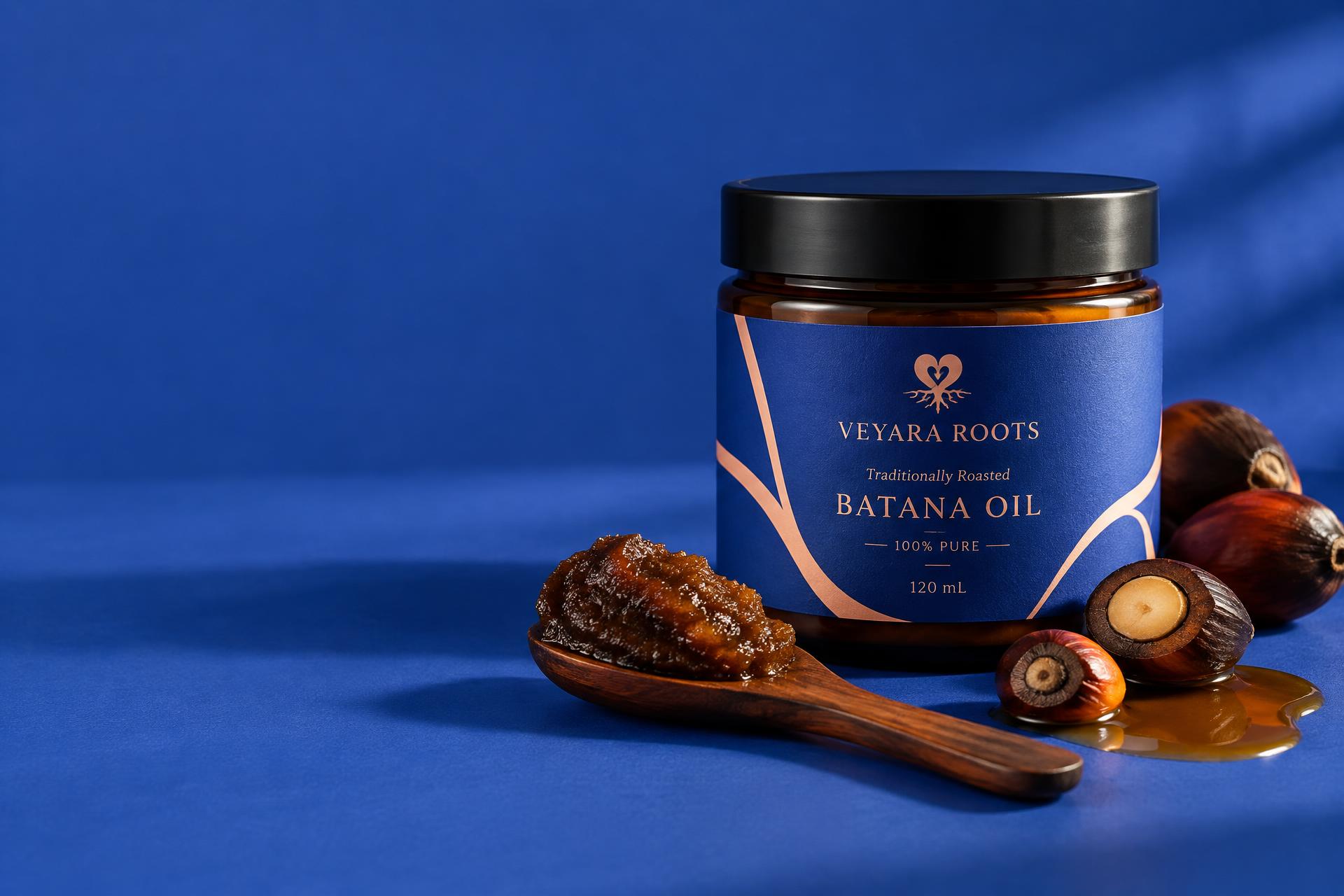 VEYARA ROOTS amber jar, walnut spatula and roasted Batana balm on French blue — product visualisation